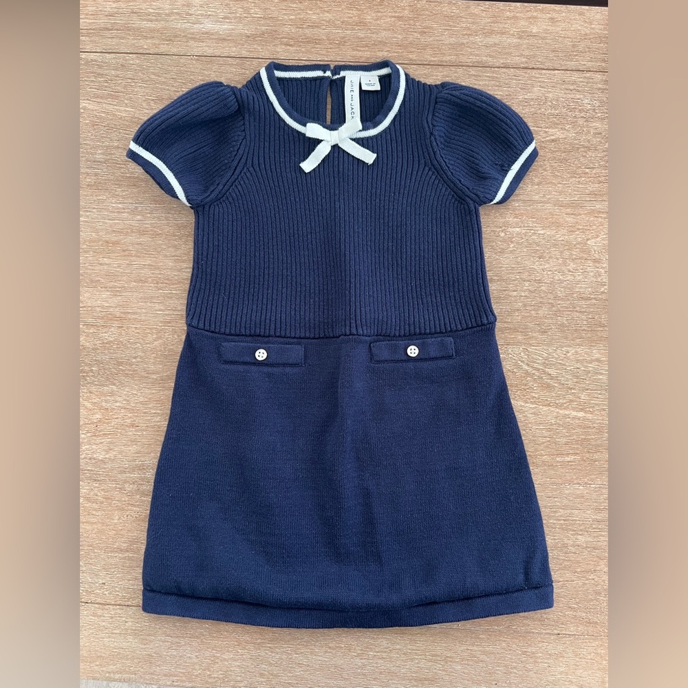 Janie and Jack Toddler Navy Bow Sweater Dress-puff sleeves, button & bow details